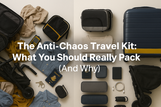 Flat lay of travel items, left side messy and right side neatly organized, with bold white text reading “The Anti-Chaos Travel Kit: What You Should Really Pack (And Why).”