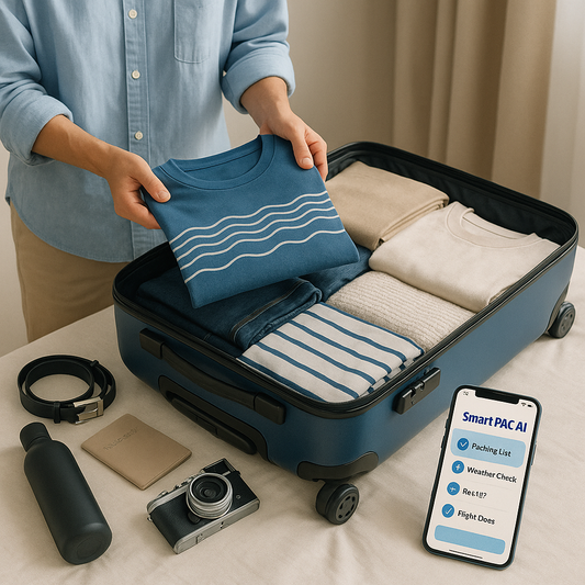 Organized traveler with flat lay of neat clothing and travel accessories being packed into a well prepped suitcase with a phone propped up on one side displaying SmartpacAI and smart packing options listed on the screen.