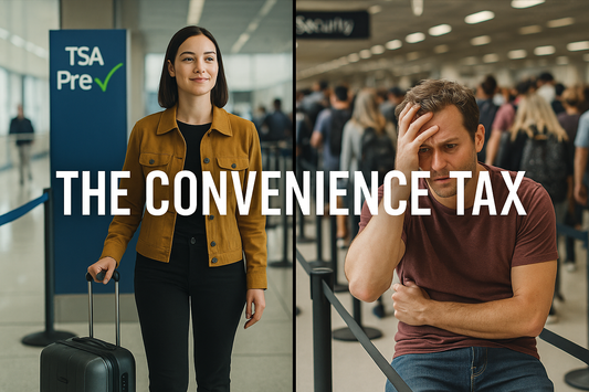 Split image: one showing a female traveler confidently walking through TSA PreCheck, while the other side reflects a male traveler looking disheveled, sitting on a luggage set, nervously waiting his turn in a overly overcrowded airport lane. 